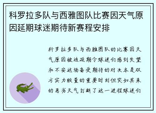 科罗拉多队与西雅图队比赛因天气原因延期球迷期待新赛程安排