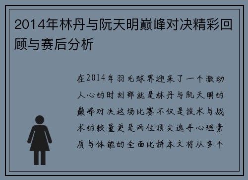 2014年林丹与阮天明巅峰对决精彩回顾与赛后分析