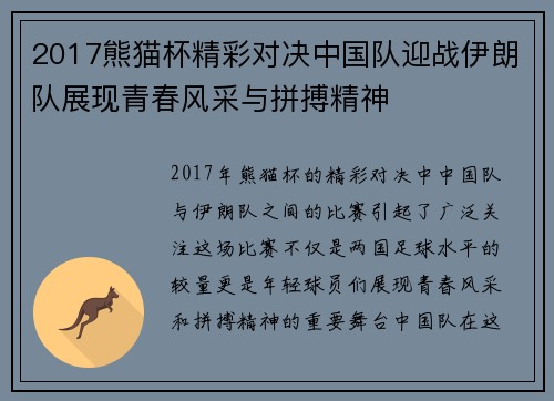 2017熊猫杯精彩对决中国队迎战伊朗队展现青春风采与拼搏精神