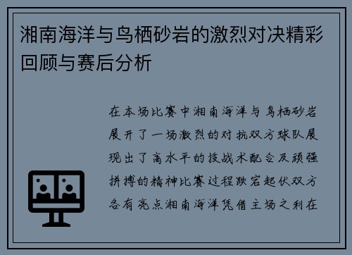 湘南海洋与鸟栖砂岩的激烈对决精彩回顾与赛后分析