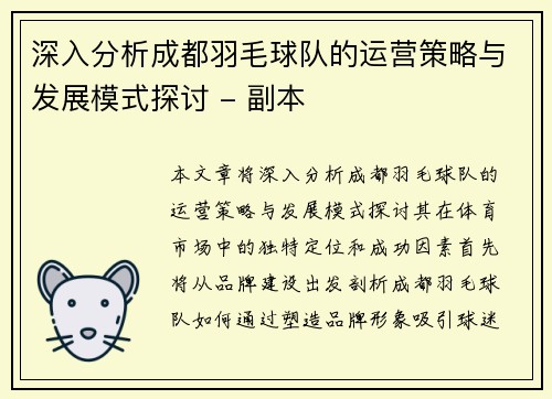 深入分析成都羽毛球队的运营策略与发展模式探讨 - 副本