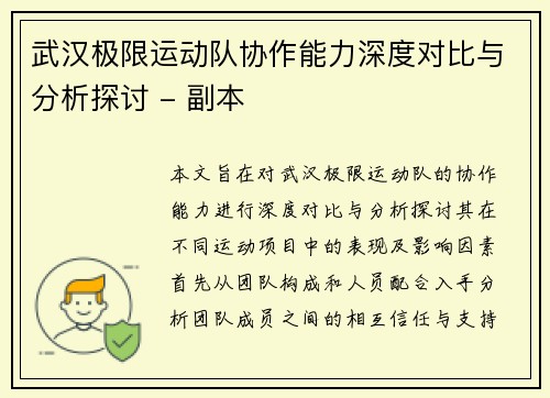 武汉极限运动队协作能力深度对比与分析探讨 - 副本