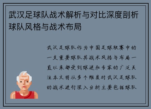 武汉足球队战术解析与对比深度剖析球队风格与战术布局