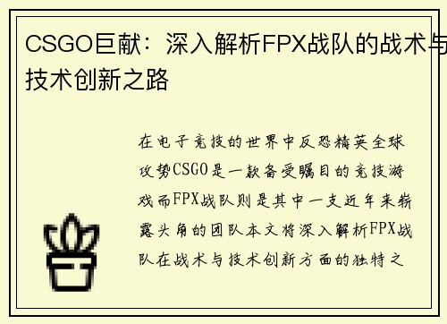 CSGO巨献：深入解析FPX战队的战术与技术创新之路