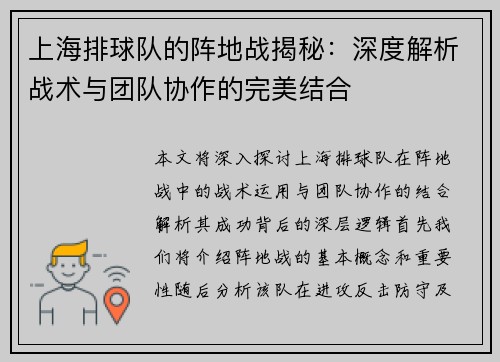 上海排球队的阵地战揭秘：深度解析战术与团队协作的完美结合