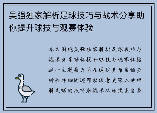 吴强独家解析足球技巧与战术分享助你提升球技与观赛体验